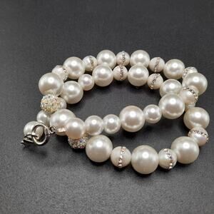 Vintage Faux Pearls Rhinestone in Pearls Necklace, 18" Hand-made